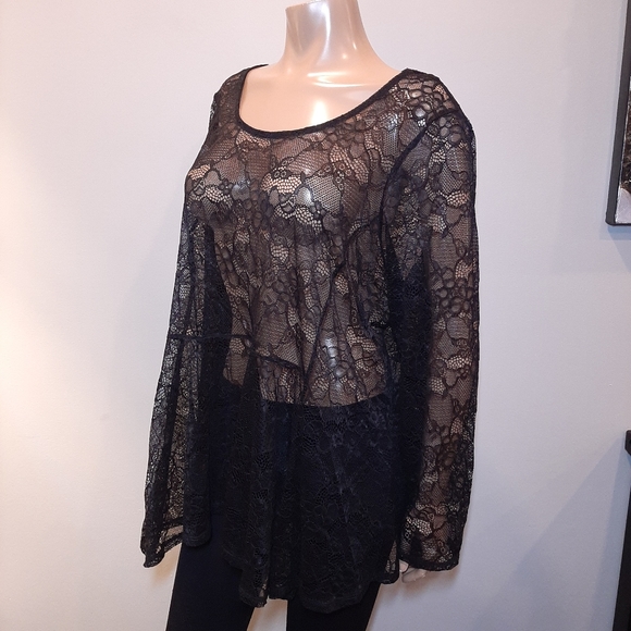 🍁 MICHEL STUDIO Sheer Lace Scoop Neck Long Sleeve Peplum Top Black Stretchy - Picture 3 of 10